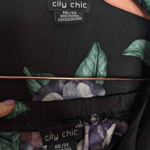 City Chic Black Satin Matching Pajama Set Floral Long Sleeve Pockets Size 24 - Picture 2 of 9